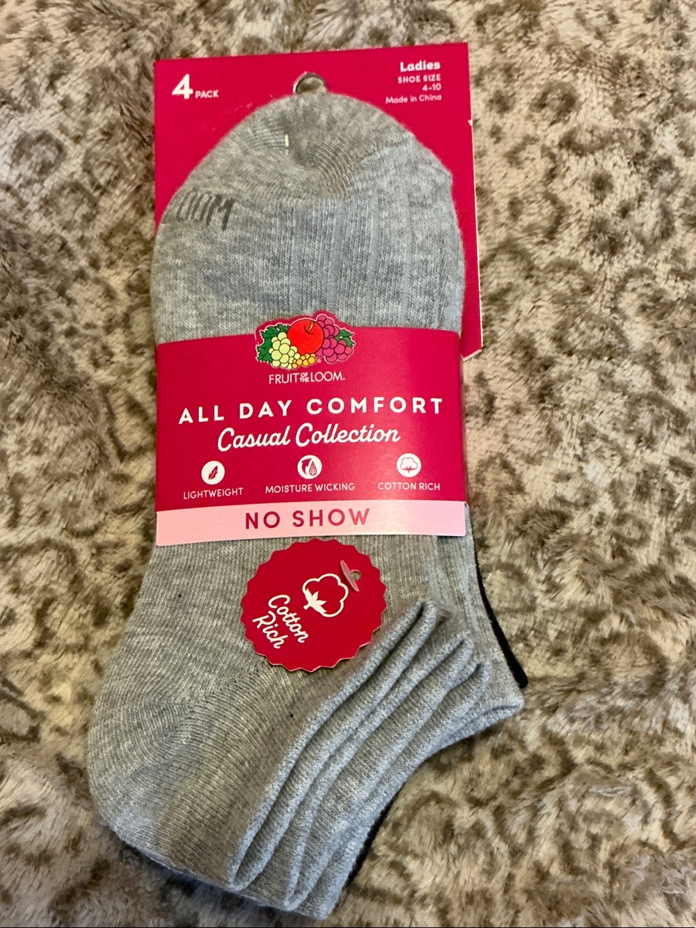 Fruit of the Loom No-Show Casual Socks - Light Gray (4 Pack)